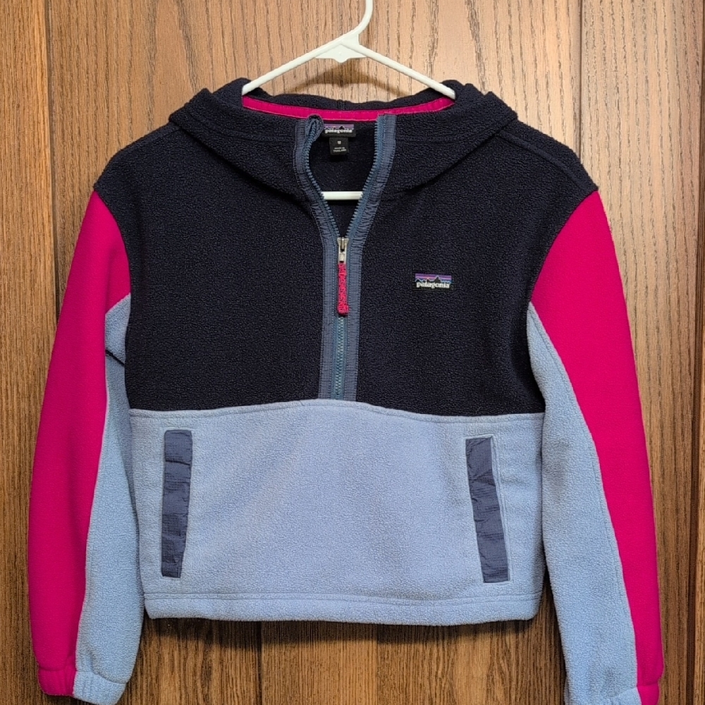 Patagonia Kids M Colorblock Fleece Hoodie - Blue And Pink